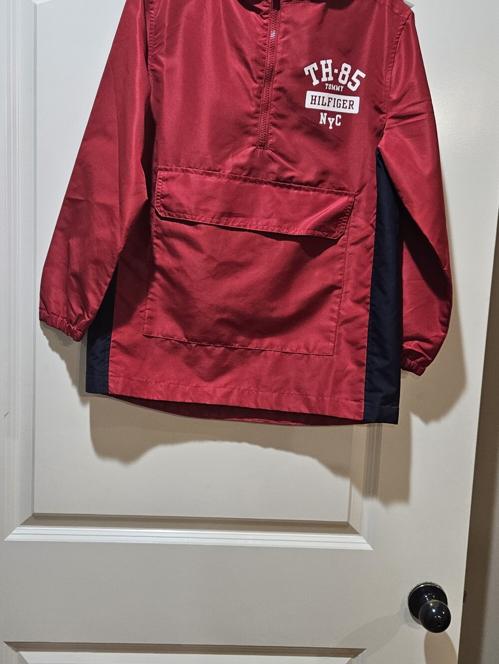 Boys Size 10/12 Tommy Hilfiger Red Anorak Windbreaker with Navy Side Panels